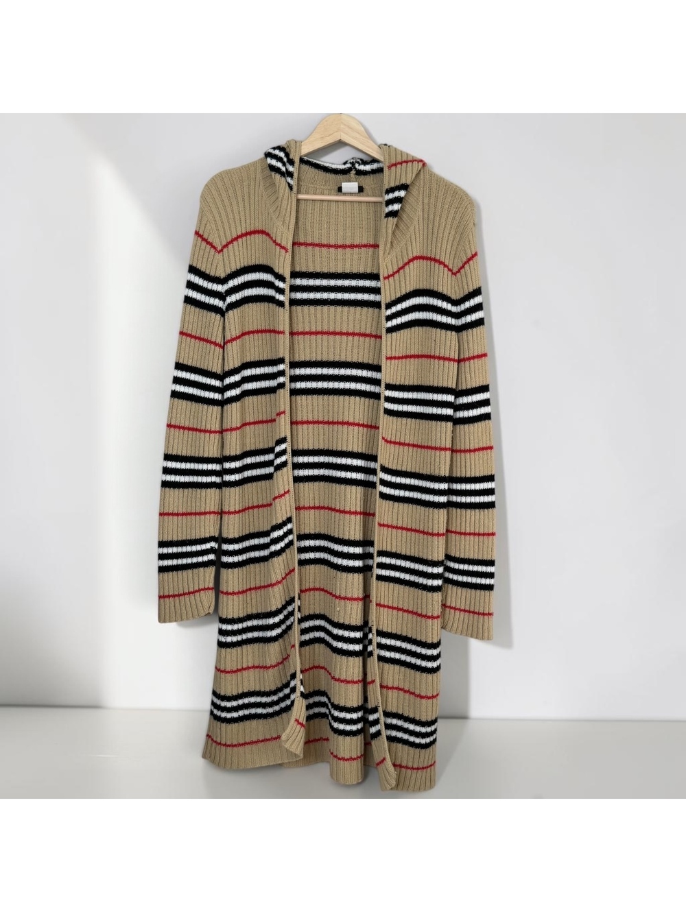 Y2K Tan Striped Hooded Duster Cardigan Longline Sweater Coat